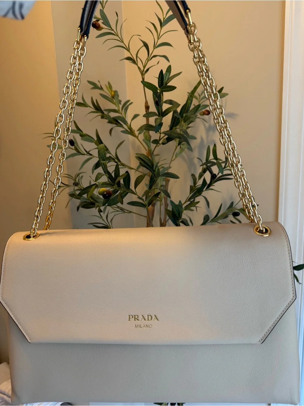 NEW Master Prada Nude Beige REAL Leather Shoulder Bag with Gold Chain Straps